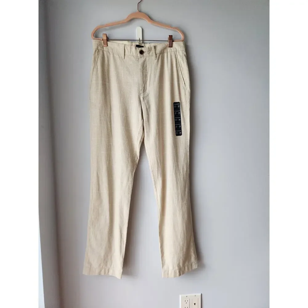 NWOT J. Crew Men's Straight-Fit Linen-Cotton Blend Pant Plaid Beige 32/34